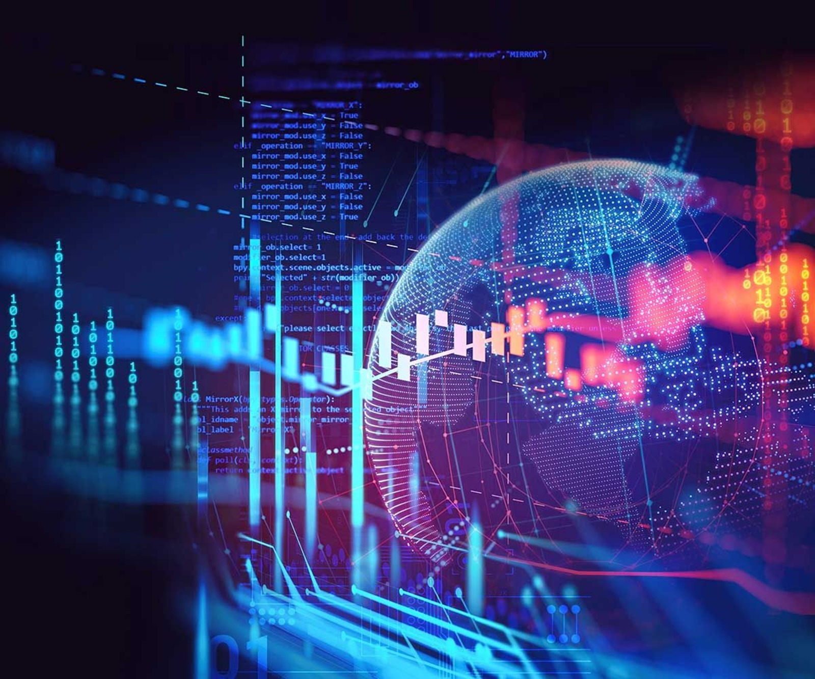 Representação de uma cidade grande com diversos gráficos sobrepostos na imagem
